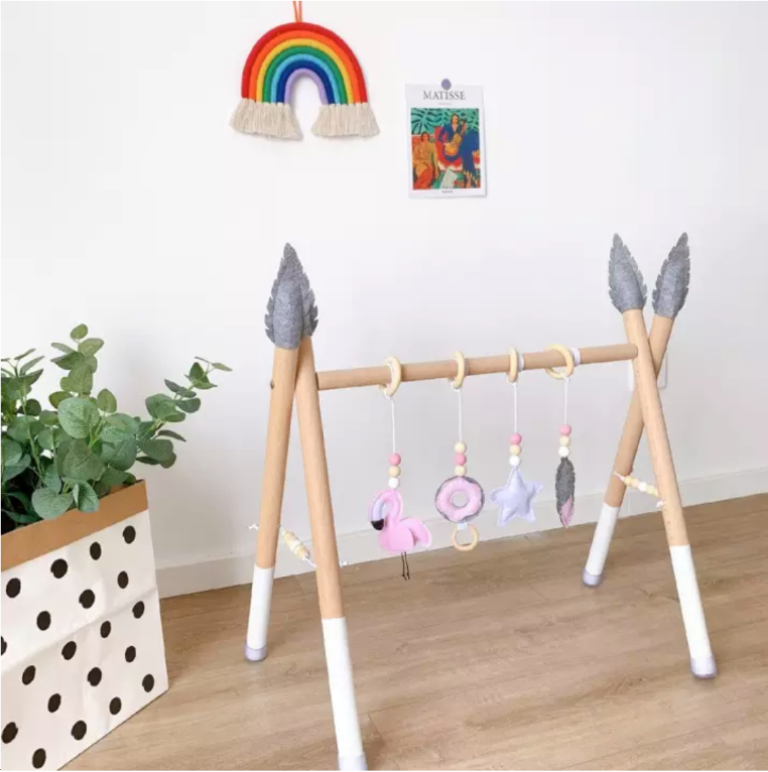 Nordic Foldable Wooden Play Gym With Hanging Accessories